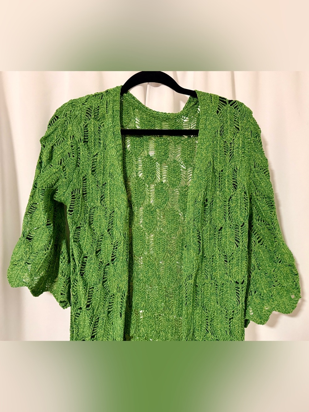 Green Crochet Knit Duster Jacket Cardigan Long Sleeve Boho Size Small